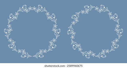 Elegant Floral Wreath with White Line Art on Blue Background. Frame with Wildflowers and Tulip Buds, Decorative Ornament for Design. Editable Stroke.