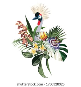 Elegant floral and zoo composition. A print for a T-shirt. Tropical flowers and exotic bird. Printable illustration.  Japanese crane bird.