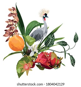 Elegant floral and zoo composition. A print for a t-shirt. Tropical orchid flowers, fruits and exotic bird. Vintage style illustration. Japanese crane bird.