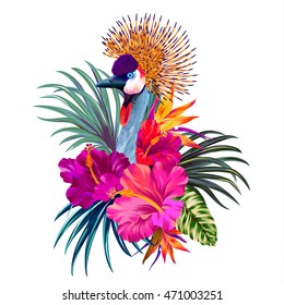 Elegant floral and zoo vector composition. A print for a tshirt. Tropical flowers and exotic bird. Vintage style illustration.