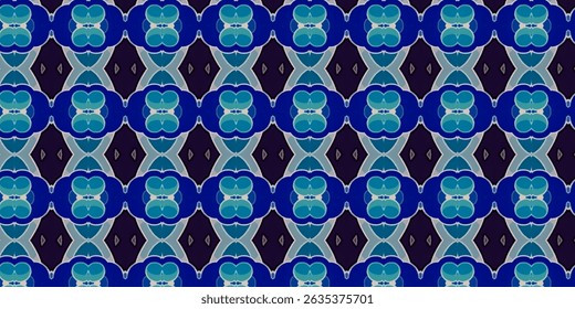 Elegante estampado sin costuras de inspiración floral en tonos azul oscuro y verde azulado, con Formas geométricas simétricas y una estética atrevida y malhumorada.