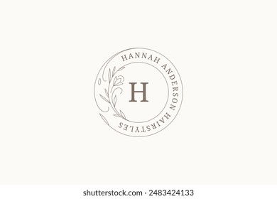 Elegant flourish botanical circle outline logo monogram design template vector illustration. Romantic blossom flower round minimalist logotype for beauty salon spa skin care organic cosmetics
