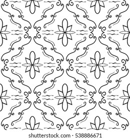 Elegant flourish seamless pattern. Black curved lines on white background. Ornate texture for webpage backgrounds. Vector. Made using clipping mask