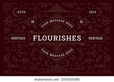 Elegante florece la Ilustración vectorial de conjunto de elementos de diseño de filigrana victoriana dorada. Esquina decorativa floral Clásica del divisor de la frontera del motivo floral del remolino del vintage para la invitación de la boda del menú de la cubierta del libro