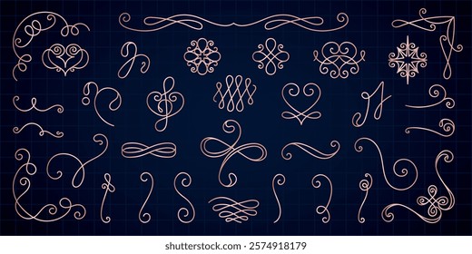 Elegant flourishes and swirls in a decorative design. Ornamental flourishes and intricate swirls create a sophisticated, artistic pattern on a dark background. Hand drawn ornament vector set.