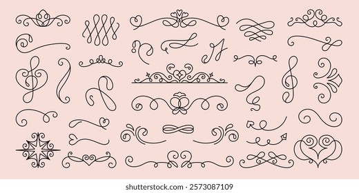 Elegant flourishes and swirls in a decorative vector set. Ornamental swirls and flourishes perfect for invitations and design. Swirls and flourishes in black. Hand drawn ornament vector set.