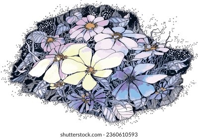 Elegant flower arrangement. Light air lines and small details. Drawn with a gel pen and colored with watercolors