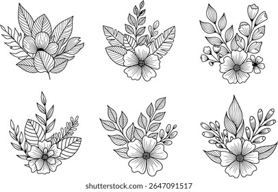 Elegant Flower Arrangement Line Art, a charming collection of hand-drawn floral illustrations that are perfect for wedding invitations and delicate designs with classic appeal and timeless beauty.