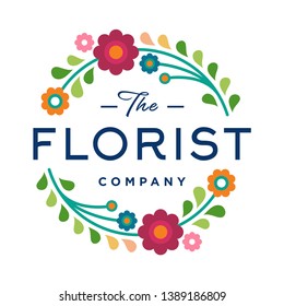 elegant flower bouquet logo icon circle, simple flower decorative beautiful and colorful logo design, flowers arranged in circle. Floral design. Vector illustration.