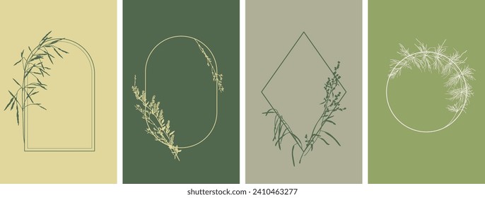 Elegant flower frames with hand drawn wild floral and herbs, design templates in line style. Vector  borders for wedding invitation, greeting card, logo, social media, label, corporate identity