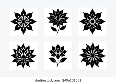 Elegant flower icon bundle featuring black silhouette vector illustrations. Perfect for designers seeking chic and versatile floral graphics to enhance projects with a touch of botanical style