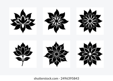 Elegant flower icon bundle featuring black silhouette vector illustrations. Perfect for designers seeking chic and versatile floral graphics to enhance projects with a touch of botanical style