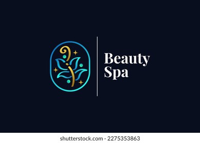 Elegant Flower and Leaf Logo with Hand Drawn Style in Blue and Gold Gradient Concept. Suitable for, Beauty, Cosmetic, Spa, Boutique, or Fashion Brand Logo