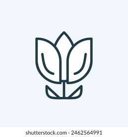 Elegant flower with leaves icon in a geometric style. Minimalist outline pictogram with editable stroke. For florist, wedding, beauty business. Natural green cosmetics, herbal products symbol. Vector