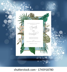 elegant flower and leaves wedding invitation card template