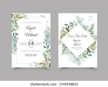 elegant flower and leaves wedding invitation card template