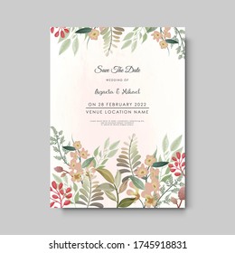 elegant flower and leaves wedding invitation card template