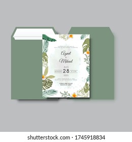 elegant flower and leaves wedding invitation card template