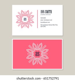 Elegant  Flower line art Logo Design with template business card for creative director.Visual identity for jewelry shop, cosmetics packaging, beauty and spa studios, flower shop.