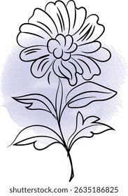 Elegant flower line art with watercolor background. Minimalist floral design element.