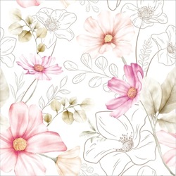 Elegant Flower Line And Watercolor Floral Seamless Pattern
