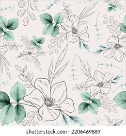 elegant flower line and watercolor floral seamless pattern