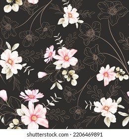 elegant flower line and watercolor floral seamless pattern