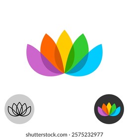 Elegant flower logo with overlay effect. Five rainbow colors petal leaves symbol. Spa, massage or other beauty care salon concept sign. Diversity theme icon.