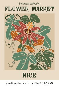 Elegant Flower Market poster featuring Passion Flower in Art Nouveau style. Vintage Nice travel artwork, retro botanical illustration, perfect for wall decor and floral design lovers.