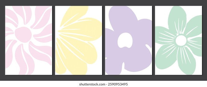 Elegant Flower Panel Illustrations in Pastels, Modern Abstract Botanical Art vector, Soft Bloom Silhouettes in Pastel Colors