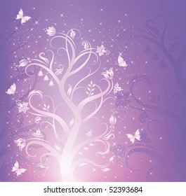 Elegant flower pattern with butterflies on the violet background.