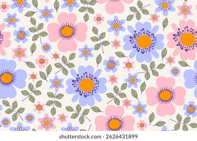Elegant Flower Seamless Pattern with Cute Nature Wild Field Florals. Doodle quirky summer and spring plants. Feminine repeatable backdrop perfect for fashion, clothing, cards, invitations, wrapping