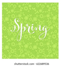 Elegant flower spring background, banner, poster. The word "Spring" isolated on green seamless floral pattern with simple small daisy flowers and leaves. Vector illustration.