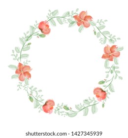 elegant flower wreath, round frame with place for text. red flowers with leaves and buds. Imitation of watercolor, hand drawing, isolated on white background