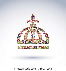 Elegant flower-patterned bright crown with Christianity cross, emperor accessory. Royal and spiritual art vector design element isolated on white background.

