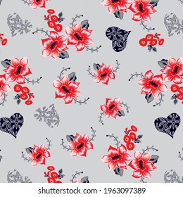 Elegant flowers and decorative hearts pattern textile print