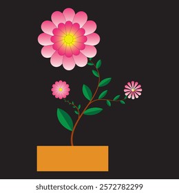 Elegant flowers on a black background featuring pink, white, yellow, and purple blooms | A digital artwork showcasing three pink gradient flowers with green leaves, growing in an orange flower pot.