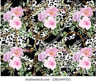 Elegant flowers over abstract animal skin with chains background