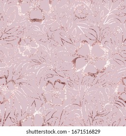 Flores elegantes de mármol sin fisuras con oro rosa de flores. Fondo floral dorado. Hermosa textura con papel metálico. Diseño de papel envolvente. Elegante brillo brillante color rosa oro. Vector