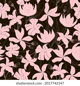 elegant flowers seamless pattern. Monochrome floral background, hand-drawing lilies and tulips