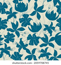 flores elegantes sin costura. Fondo floral monocromo, lirios y tulipanes dibujados a mano