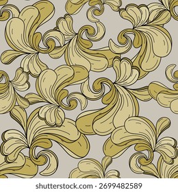 Elegant flowing botanical pattern in warm golden tones. Timeless aesthetic hand drawn leaves with curves scroll ornament  for luxury packaging, wallpaper, textile prints, boutique branding, decoration