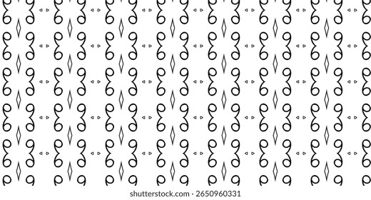 Elegant flowing design in mirrored curls and diamond shapes, repeating in symmetrical harmony. Suitable for fashion prints and art. Symmetry, curls, pattern, decorative, elegant.
