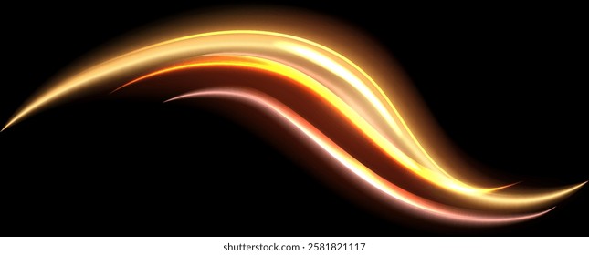 Elegant, flowing light waves in warm hues of gold and orange create a dynamic, abstract design on a dark background. The composition suggests energy and movement, evoking a sense of fluidity