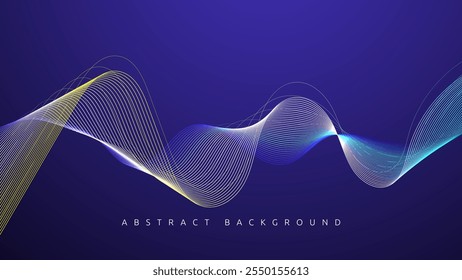 Elegant flowing wave design in blue yellow lines on dark background. Suitable for digital backgrounds, illustrations, and trendy graphic design projects.