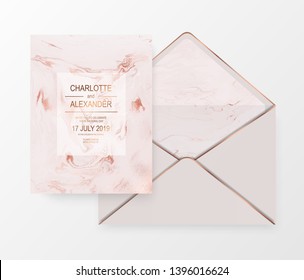 Elegant fluid marble celebration design card and envelope with rose gold waves texture.