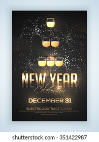 Elegant Flyer, Banner Or Pamphlet With Champagne Glasses Stacked For Happy New Year 2016 Eve Party Celebration.