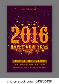 Elegant Flyer, Banner or Pamphlet with glossy snowflakes for Happy New Year 2016 celebration.