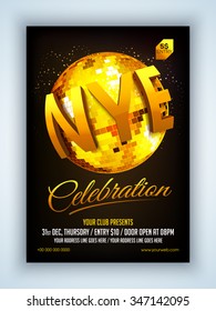 Elegant Flyer, Banner or Pamphlet with golden disco ball for Happy New Year 2016 Eve Party celebration.