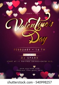 Elegant Flyer, Banner, Pamphlet or Invitation, Decorated by beautiful Hearts for Happy Valentine's Day Party Celebration.